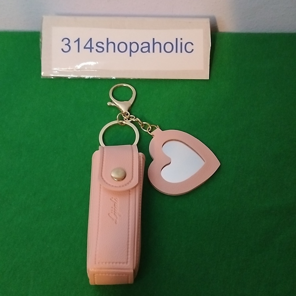 Pink Lipstick Holder Keychain With Heart-Shaped Mirror